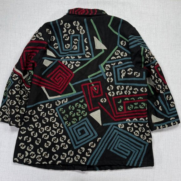 Vintage Anage Embroidered Wool Jacket Abstract Print Black Multi Size Chest 58" - Picture 2 of 13